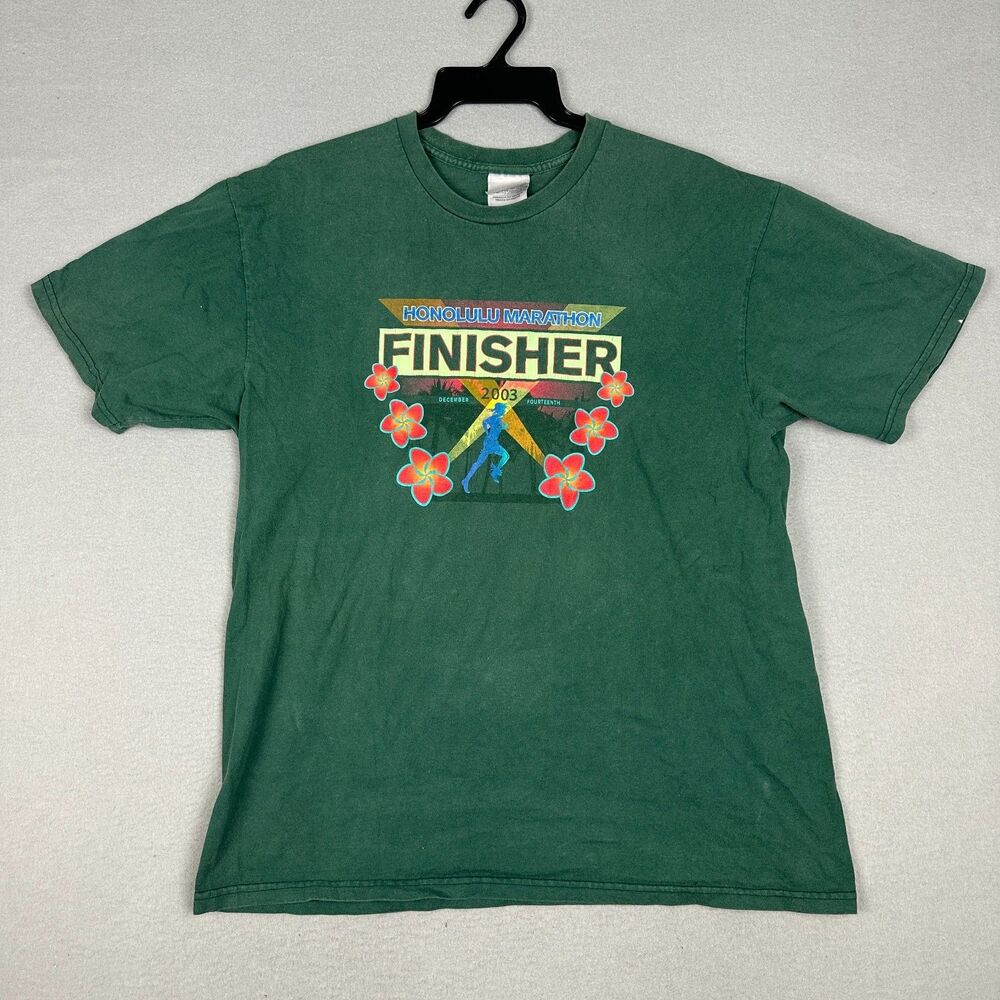 Nike Vintage Mens Large 2003 Honolulu Marathon Finisher T-Shirt Tee Green Cotton